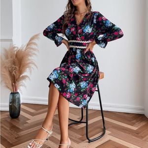Allover Floral Print Surplice Front A-Line Dress